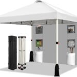 10x10 Pop Up Canopy Tent, 1-Button Push Setup Canopy Tent with 1 Sidewall, Adjustable Height Instant Portable Shelter, Portable Roller Bag,Easy Outdoor Sun Shade for Events,4 Weight Bags,White