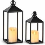 2 Pcs Black Decorative Metal Lanterns Farmhouse Lantern Decor with Candles | 15" 11" Outdoor Candle Lanterns for Covered Patio, Porch, Fireplace Mantel, Table Centerpiece, No Glass Lantern Decor