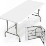 Folding Table 6ft, Portable Collapsible Plastic White Long Tables for Party, Camping, Banquet, Craft, Dining, Wedding, Outdoor and Indoor Use